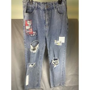 SHEIN Curve 0XL Ripped Patched Jeans Light Wash Distressed 12 Denim Graphic Y2K